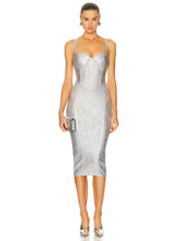 Foil Silver Color Women Sleeveless Sexy Strap Square Collar Bodycon Midi Bandage Dress Celebrate Nightclub Party Dress Vestido